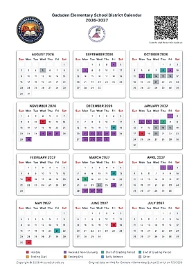 Printable Gadsden Elementary School District school calendar 2026-2027 by ArizonaSchools.us