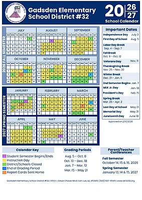 Official Gadsden Elementary School District district school calendar 2026-2027 original PDF preview